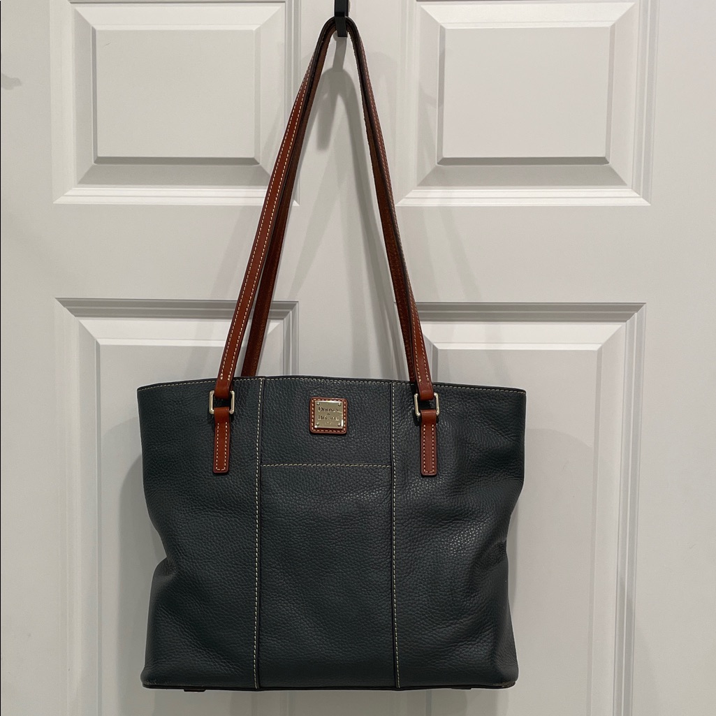 Dooney & Bourke Dark Gray Pebble Finish Tote With Brown Straps